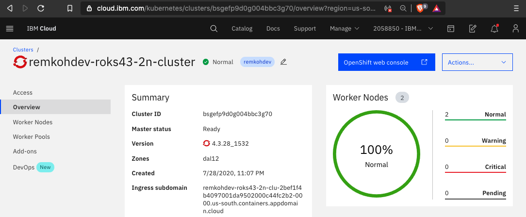 IBM Cloud OpenShift Web Console